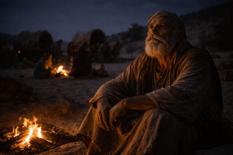 Пожилой мужчина сидит у небольшого костра в пустынном лагере и смотрит в темное небо рядом видны силуэты повозок и людей на отдыхе лицо задумчивое и тревожное свет мягкий