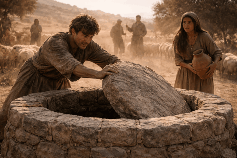 Молодой путник отваливает тяжёлый камень от колодца пока рядом стоит девушка с кувшином и овцами вокруг смотрят пастухи