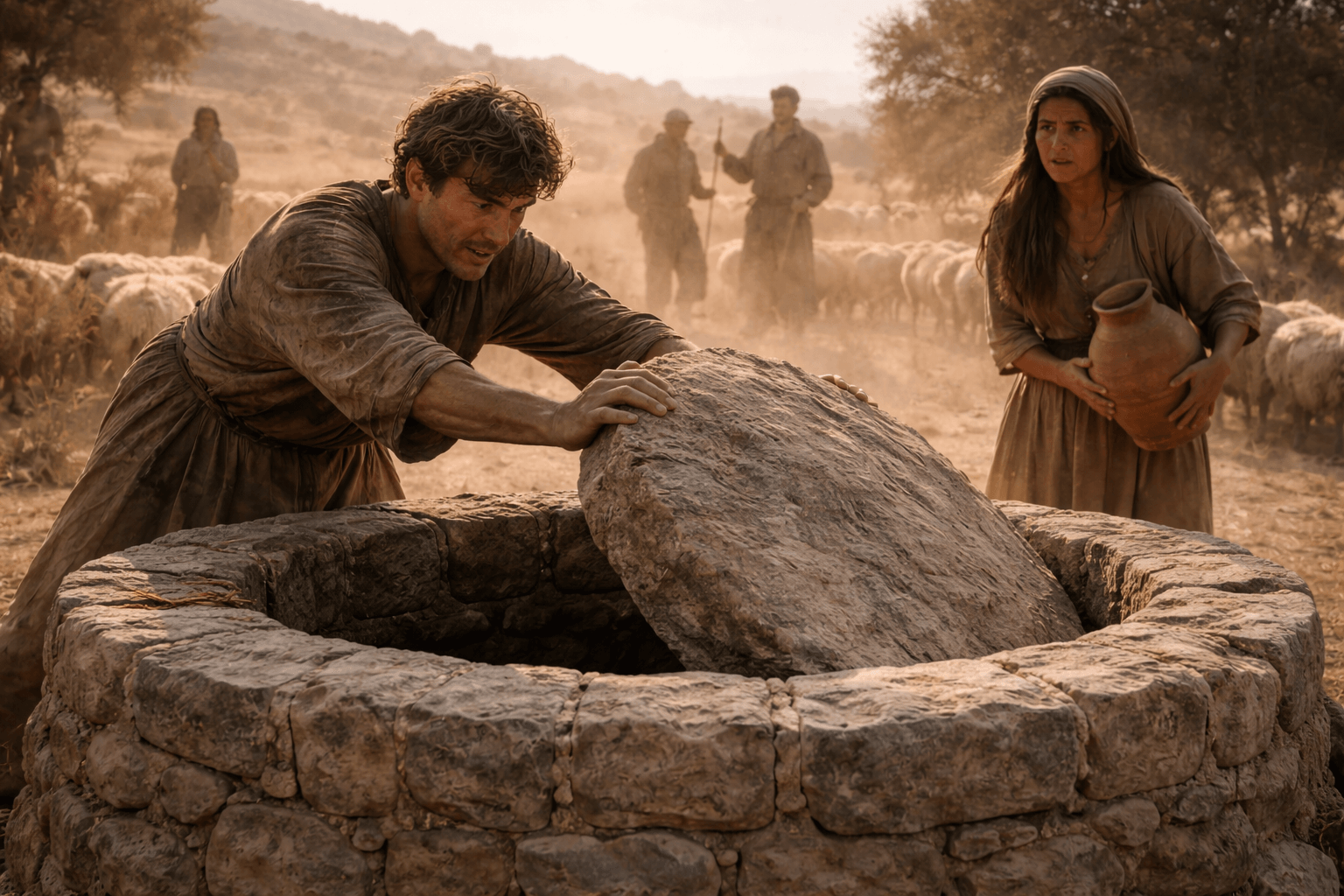 Молодой путник отваливает тяжёлый камень от колодца пока рядом стоит девушка с кувшином и овцами вокруг смотрят пастухи