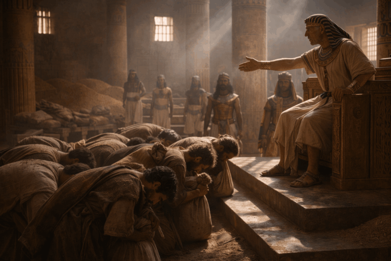 В зале хранения зерна высокий чиновник говорит жестко группе уставших путников они кланяются и держат мешки на плечах лица испуганные и напряженные рядом стоят стражники