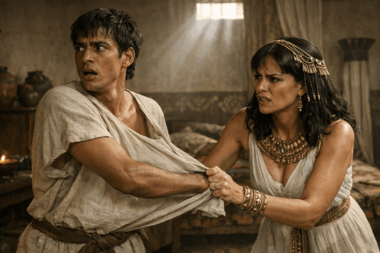 Молодой мужчина в простой одежде отстраняется от богато одетой женщины в помещении дома она держит край его плаща лица напряженные и испуганные свет падает из высокого окна