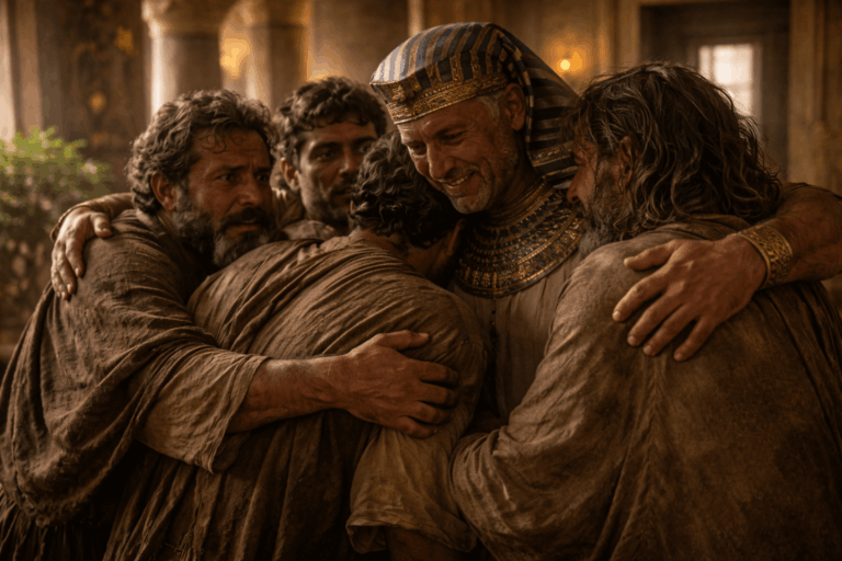 В большом помещении египетского дома высокий чиновник со слезами на лице обнимает нескольких растерянных мужчин в дорожной одежде лица шокированные и напряженные свет теплый дневной