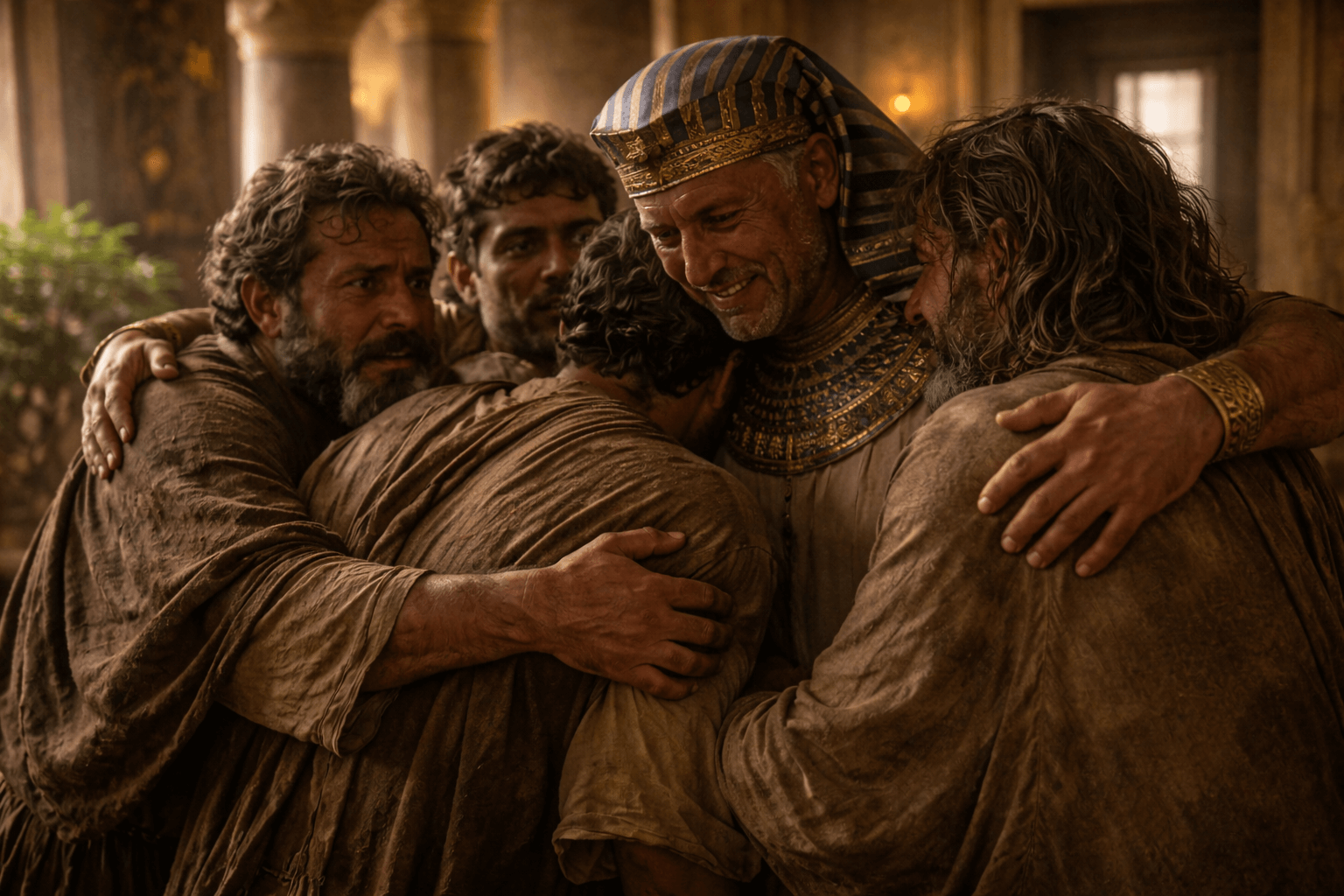 В большом помещении египетского дома высокий чиновник со слезами на лице обнимает нескольких растерянных мужчин в дорожной одежде лица шокированные и напряженные свет теплый дневной