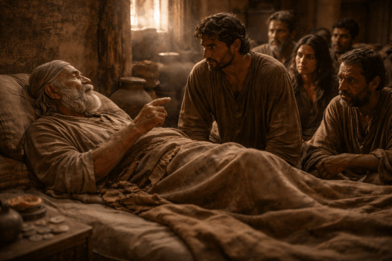 Пожилой мужчина лежит на постели и говорит с группой родственников рядом стоит молодой мужчина слушает внимательно лица людей печальные и собранные мягкий дневной свет