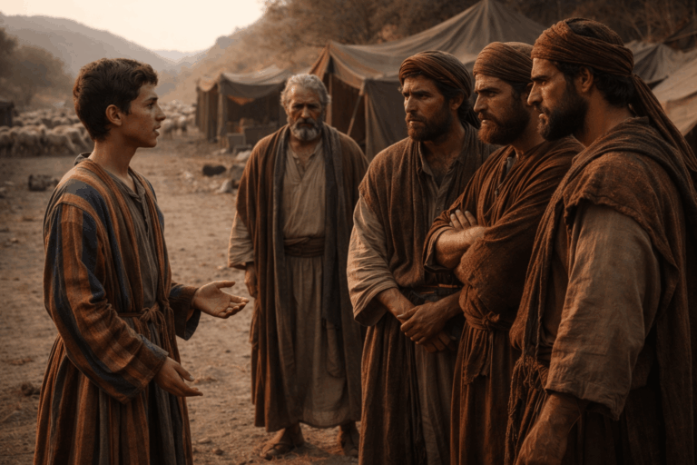 Юноша в яркой длинной одежде говорит перед группой хмурых мужчин у кочевого стана рядом стоит пожилой отец с напряженным лицом на заднем плане стада и холмы