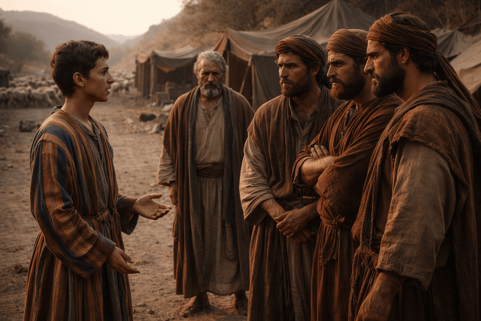 Юноша в яркой длинной одежде говорит перед группой хмурых мужчин у кочевого стана рядом стоит пожилой отец с напряженным лицом на заднем плане стада и холмы