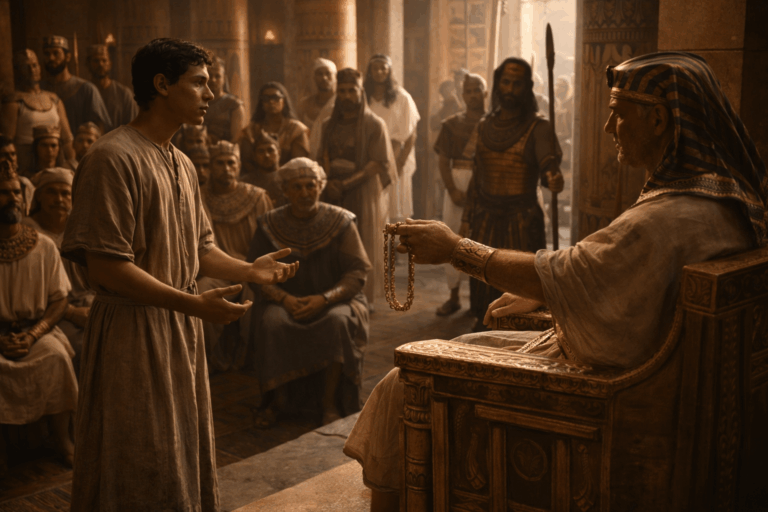 В зале дворца молодой мужчина в простой одежде объясняет сон правителю на троне рядом стоят советники и стража правитель протягивает перстень печать и цепь знак власти лица напряженные и внимательные