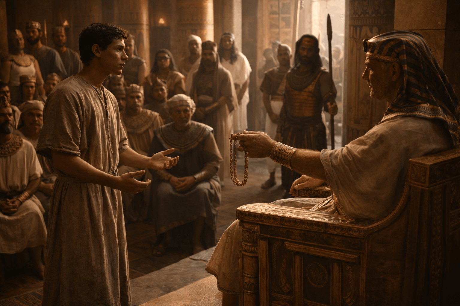 В зале дворца молодой мужчина в простой одежде объясняет сон правителю на троне рядом стоят советники и стража правитель протягивает перстень печать и цепь знак власти лица напряженные и внимательные