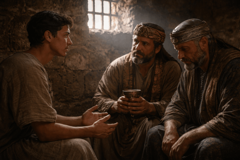 В тусклой каменной темнице молодой мужчина спокойно объясняет сон двум встревоженным придворным один держит чашу другой стоит с опущенной головой лица напряженные свет падает через решетку