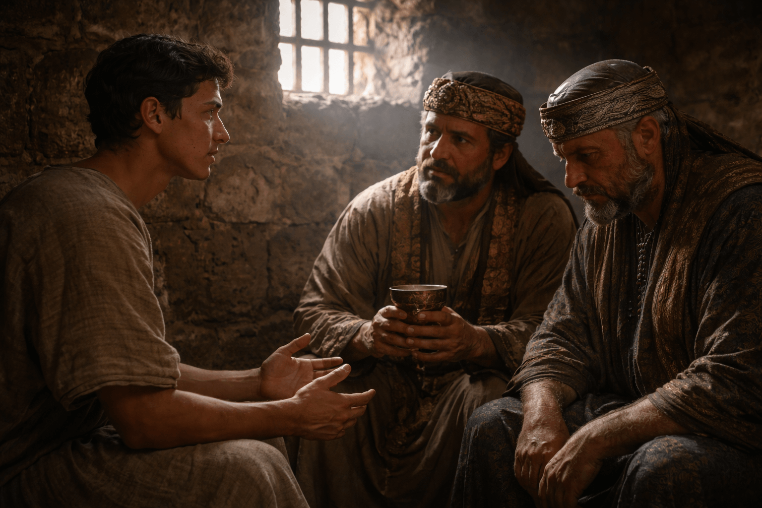 В тусклой каменной темнице молодой мужчина спокойно объясняет сон двум встревоженным придворным один держит чашу другой стоит с опущенной головой лица напряженные свет падает через решетку