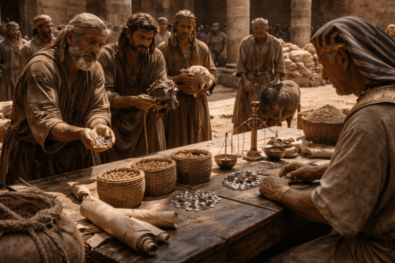 В административном дворе у зернохранилища чиновник у стола с табличками и мешками ведет расчет с толпой истощенных людей рядом стоят животные люди протягивают монеты и веревки лица напряженные и усталые