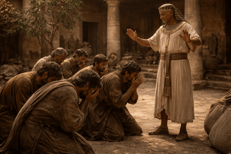 Внутренний двор дома в Египте мужчина в одежде чиновника стоит перед группой братьев которые пали на колени лица испуганные и виноватые он поднимает руки в жесте успокоения