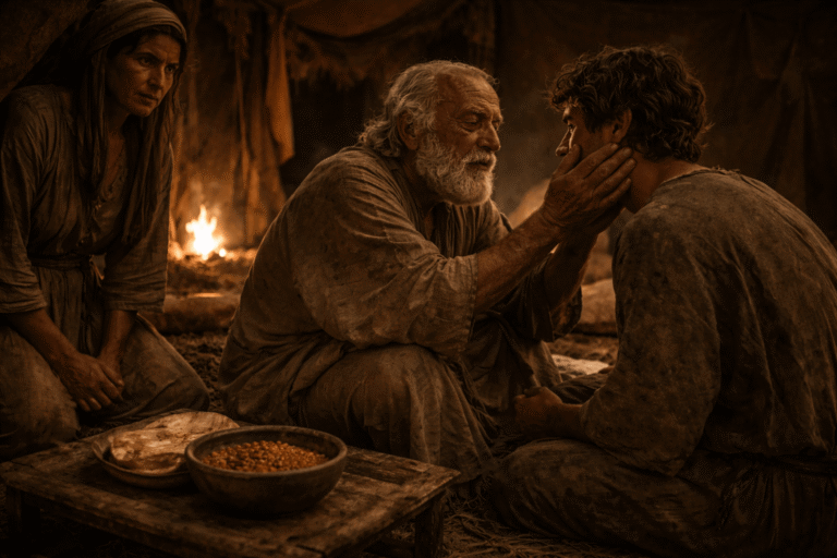 Слепой старик сидит на ковре у входа в шатёр и ощупывает руки молодого мужчины рядом стоит женщина с тревожным взглядом а в глубине видна тарелка с едой