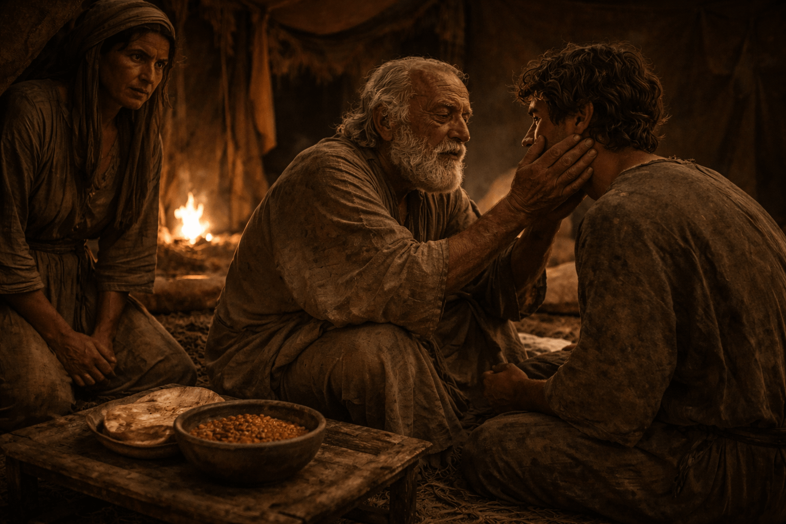 Слепой старик сидит на ковре у входа в шатёр и ощупывает руки молодого мужчины рядом стоит женщина с тревожным взглядом а в глубине видна тарелка с едой