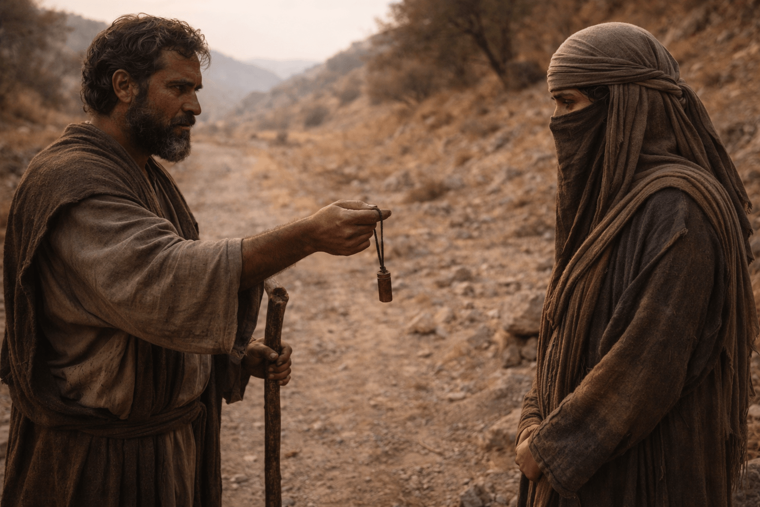 На пыльной дороге мужчина протягивает печать на шнуре и посох скрытой под вуалью женщине они стоят на расстоянии лица напряженные на фоне видны холмы и редкие кусты