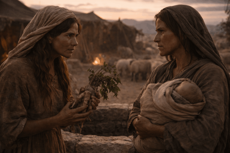Две женщины в кочевом лагере напряжённо смотрят друг на друга одна держит корни мандрагоры другая прижимает к себе младенца рядом видны шатры и овцы
