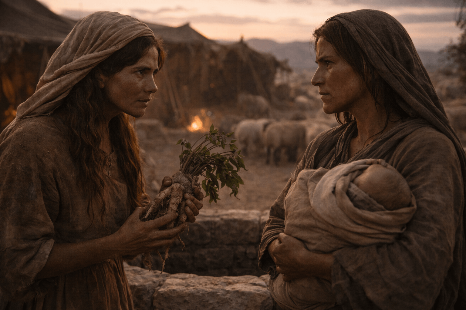 Две женщины в кочевом лагере напряжённо смотрят друг на друга одна держит корни мандрагоры другая прижимает к себе младенца рядом видны шатры и овцы