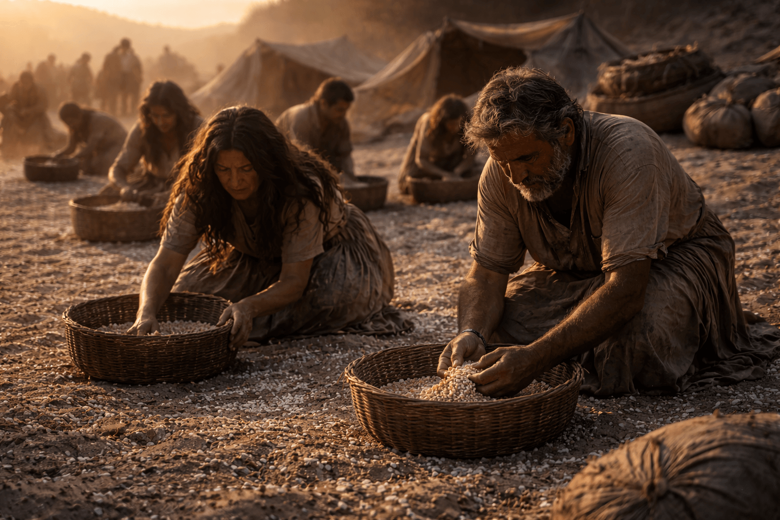 Утренний лагерь в пустыне, люди собирают мелкие светлые крупинки с земли в корзины, лица усталые но сосредоточенные, мягкий рассветный свет