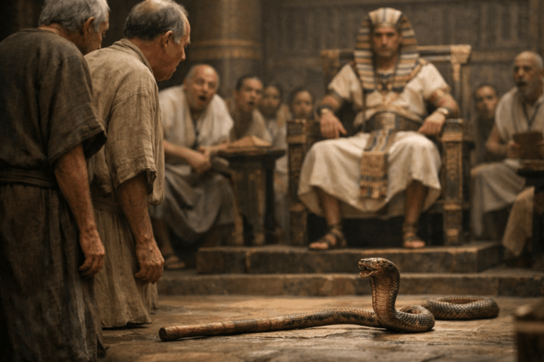 Дворец в древнем Египте, напряжённый фараон на троне, Моисей и Аарон перед ним, придворные и жрецы наблюдают момент чуда со жезлом