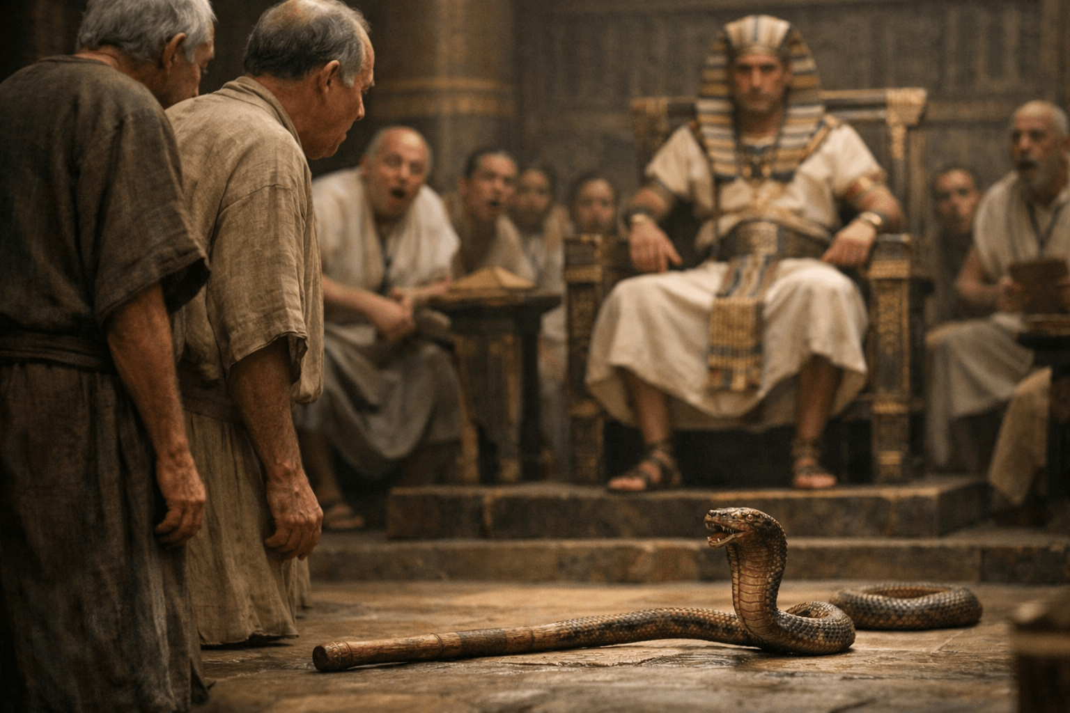 Дворец в древнем Египте, напряжённый фараон на троне, Моисей и Аарон перед ним, придворные и жрецы наблюдают момент чуда со жезлом