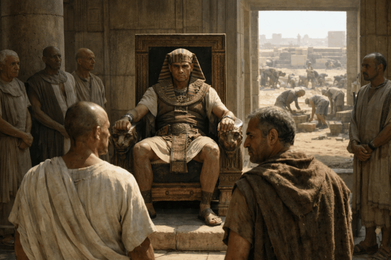 В большом зале правитель сидит на троне перед ним стоят двое мужчин посланники лица напряженные вокруг чиновники и стража в стороне видны изможденные рабочие с глиной и формами для кирпичей жаркий свет