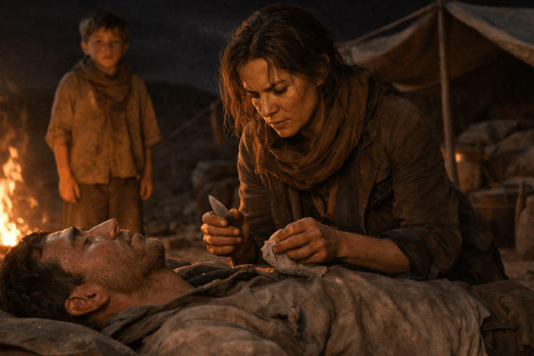 В ночном лагере в пустыне мужчина лежит ослабленный рядом женщина с решительным лицом держит каменный нож и ткань мальчик стоит в стороне испуганный слабый свет костра и напряжение в воздухе