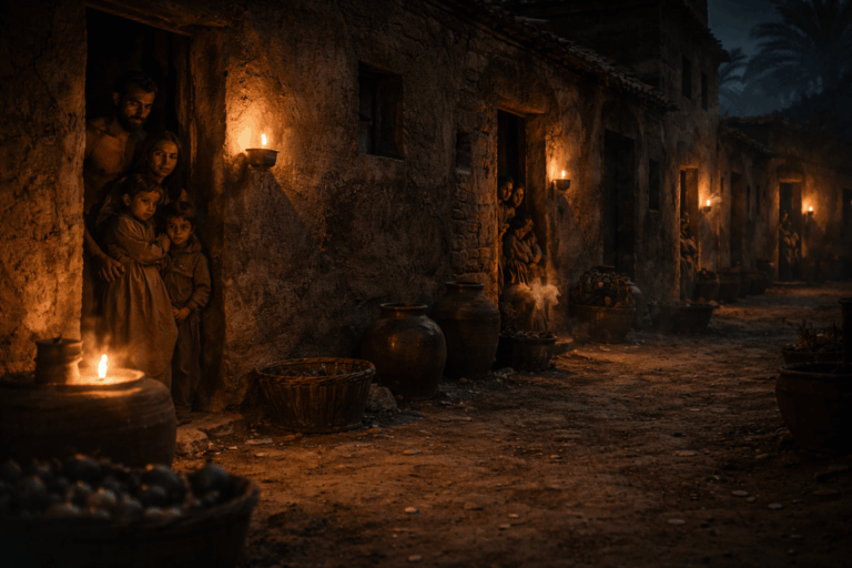 Ночная улица в древнем Египте, семьи собираются в тишине у дверей домов, свет ламп изнутри, ощущение тревожного ожидания