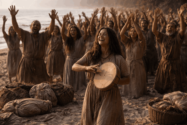 Берег моря после перехода, люди поют и поднимают руки, впереди женщина с бубном ведет хоровод, лица радостные и изможденные