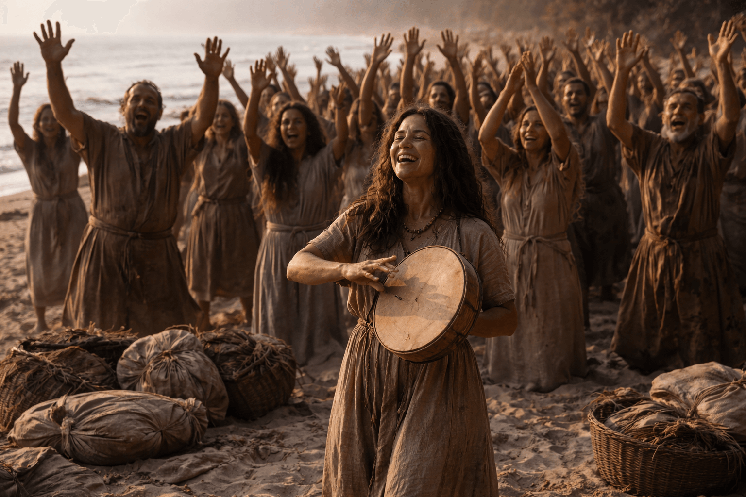 Берег моря после перехода, люди поют и поднимают руки, впереди женщина с бубном ведет хоровод, лица радостные и изможденные