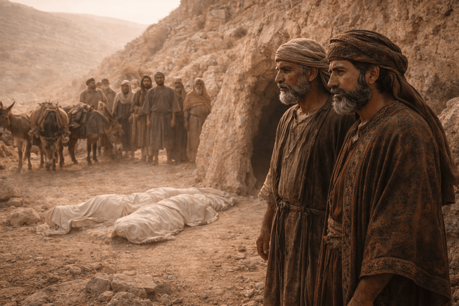 Двое взрослых мужчин стоят у входа в каменную пещеру гробницы в сухой долине рядом молчаливые родственники и ослы с поклажей