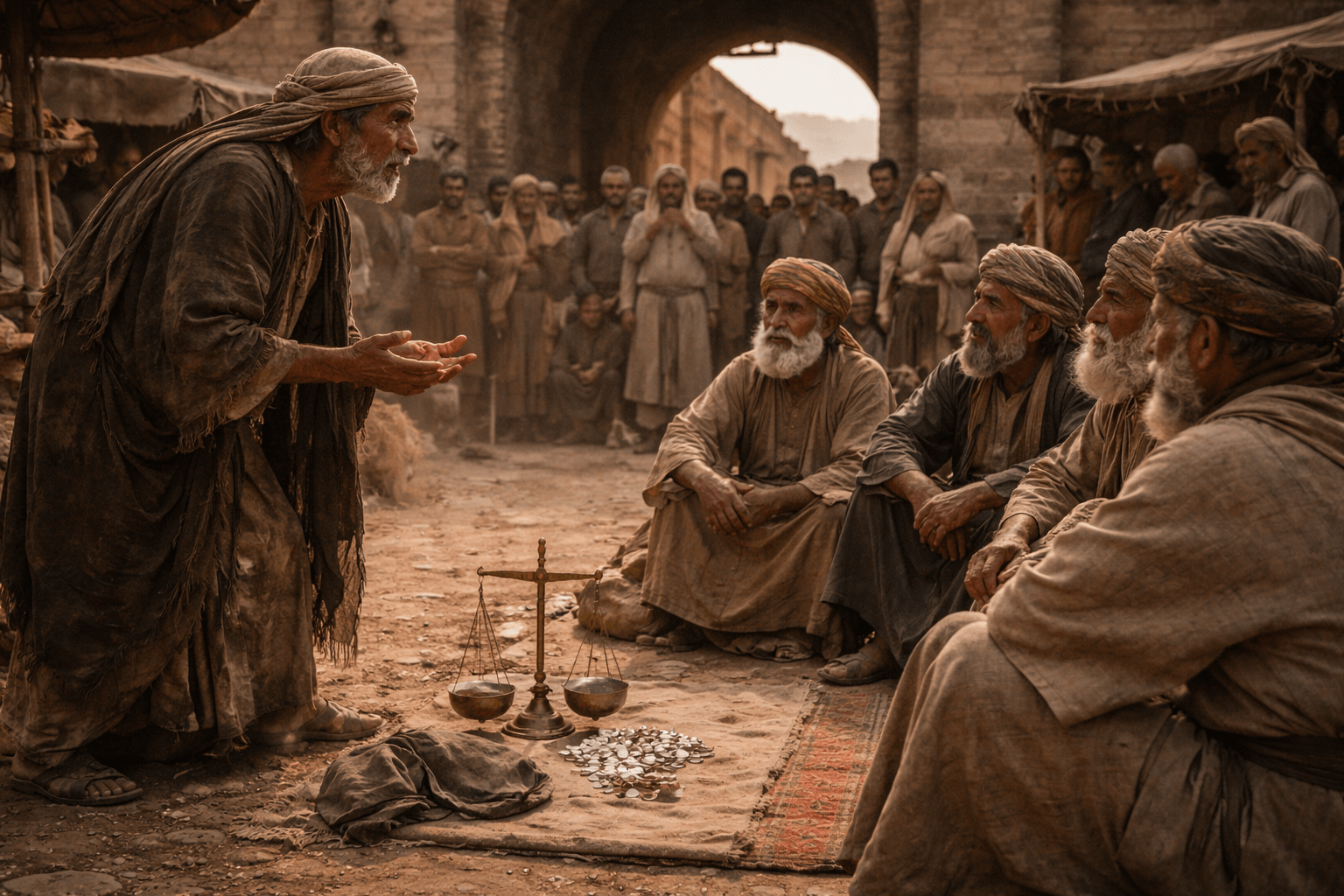 Пожилой кочевник в траурной одежде ведёт переговоры у городских ворот с местными старейшинами рядом стоят свидетели и лежат свитки и мерные камни