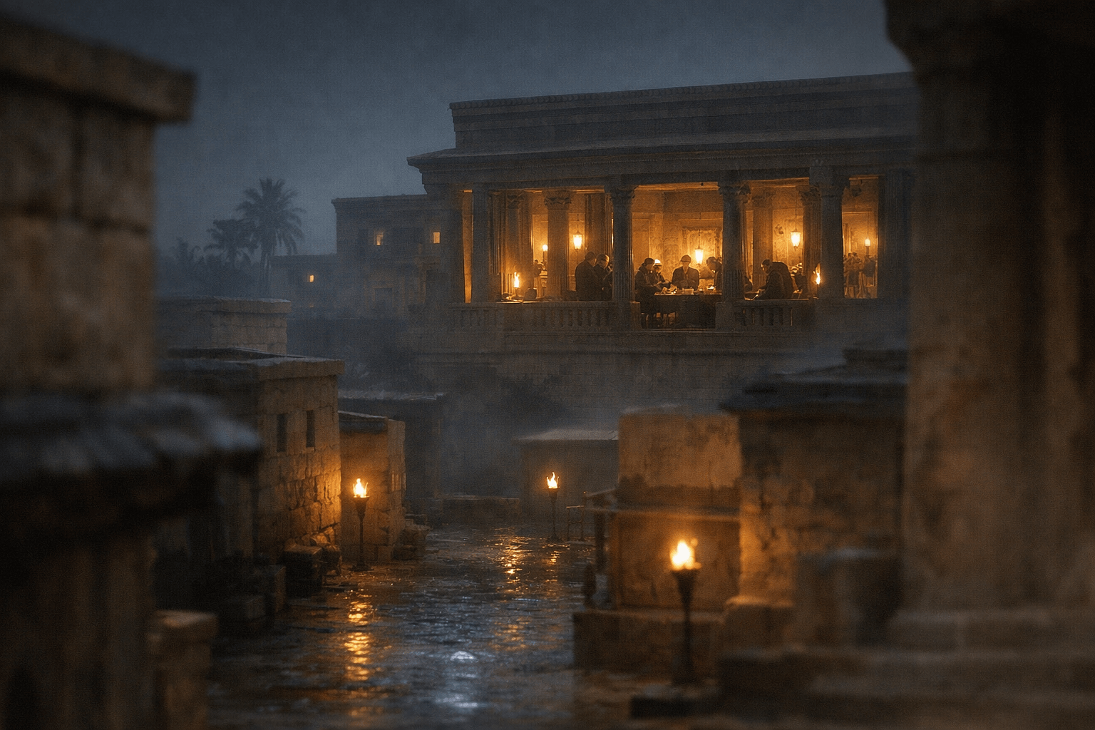 Ночной египетский город в тревожной тишине, в окне дворца видно напряженного правителя и советников при лампах
