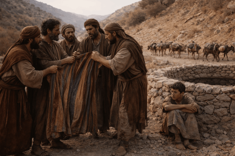 У сухого каменного колодца группа мужчин спорит и держит в руках снятую длинную одежду неподалеку проходит караван с вьючными животными вдали виден юноша на земле с испуганным лицом