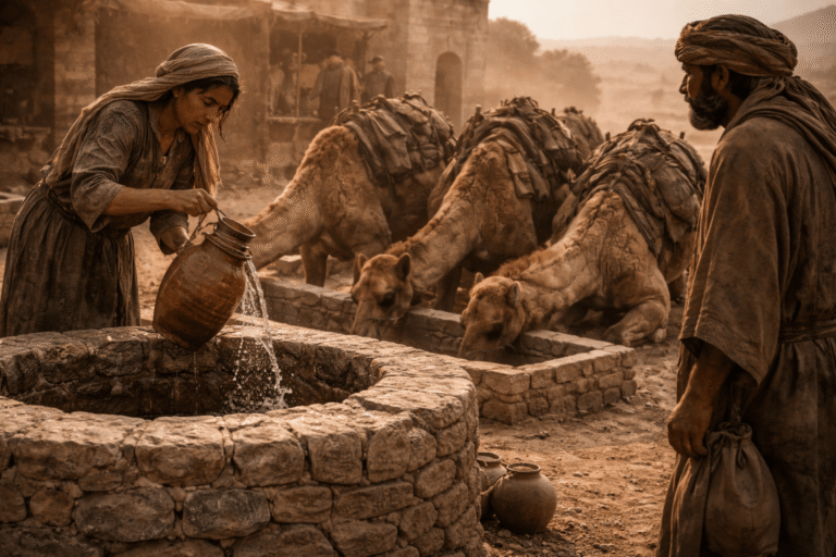Молодая женщина набирает воду у каменного колодца рядом стоят верблюды и уставший путник наблюдает в жарком вечернем свете