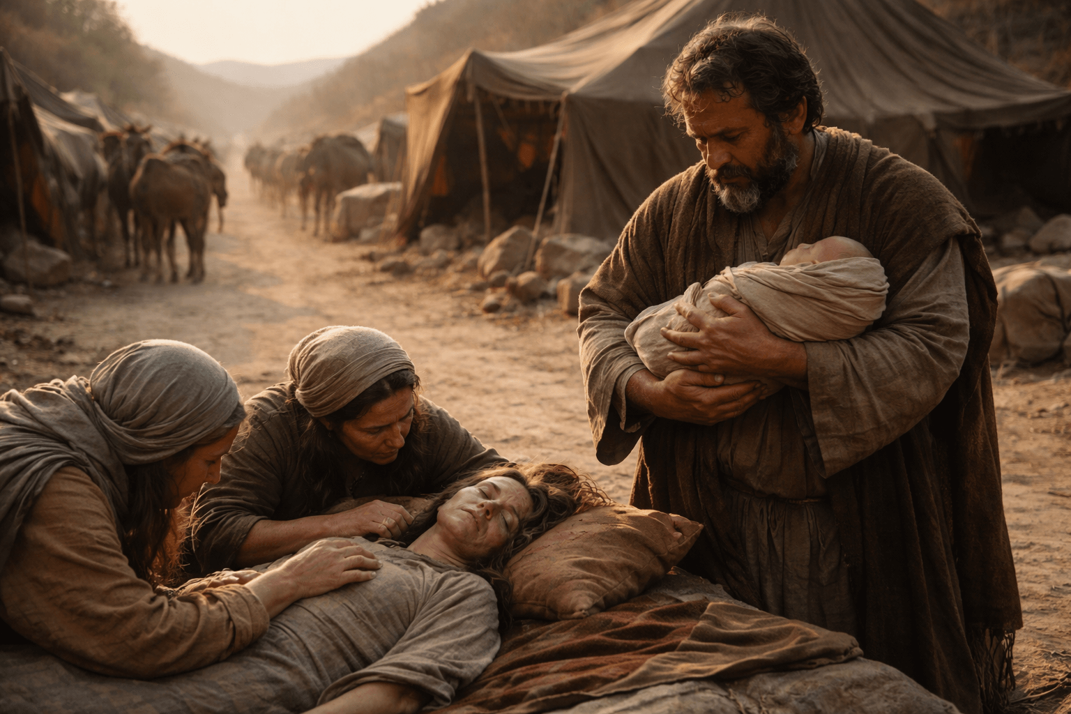 На пыльной дороге у кочевого стана мужчина держит новорождённого рядом женщина на подстилках с бледным лицом и закрытыми глазами другие женщины склоняются чтобы утешить и помочь видны вьючные животные и свернутые шатры