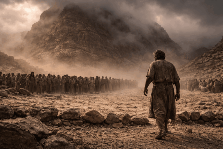 Гора в густом облаке и дымке, у подножия стоит толпа людей на расстоянии за линией камней, один мужчина идет вперед к границе, лица напряженные