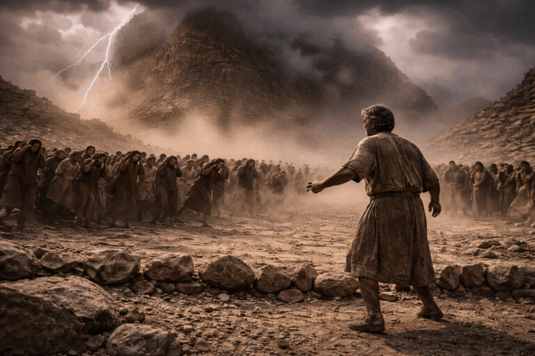 Толпа людей резко отступает от границы у подножия горы, многие закрывают уши и лица, Моисей стоит ближе к линии камней и оборачивается к людям, вокруг вспышки молний и густая дымка