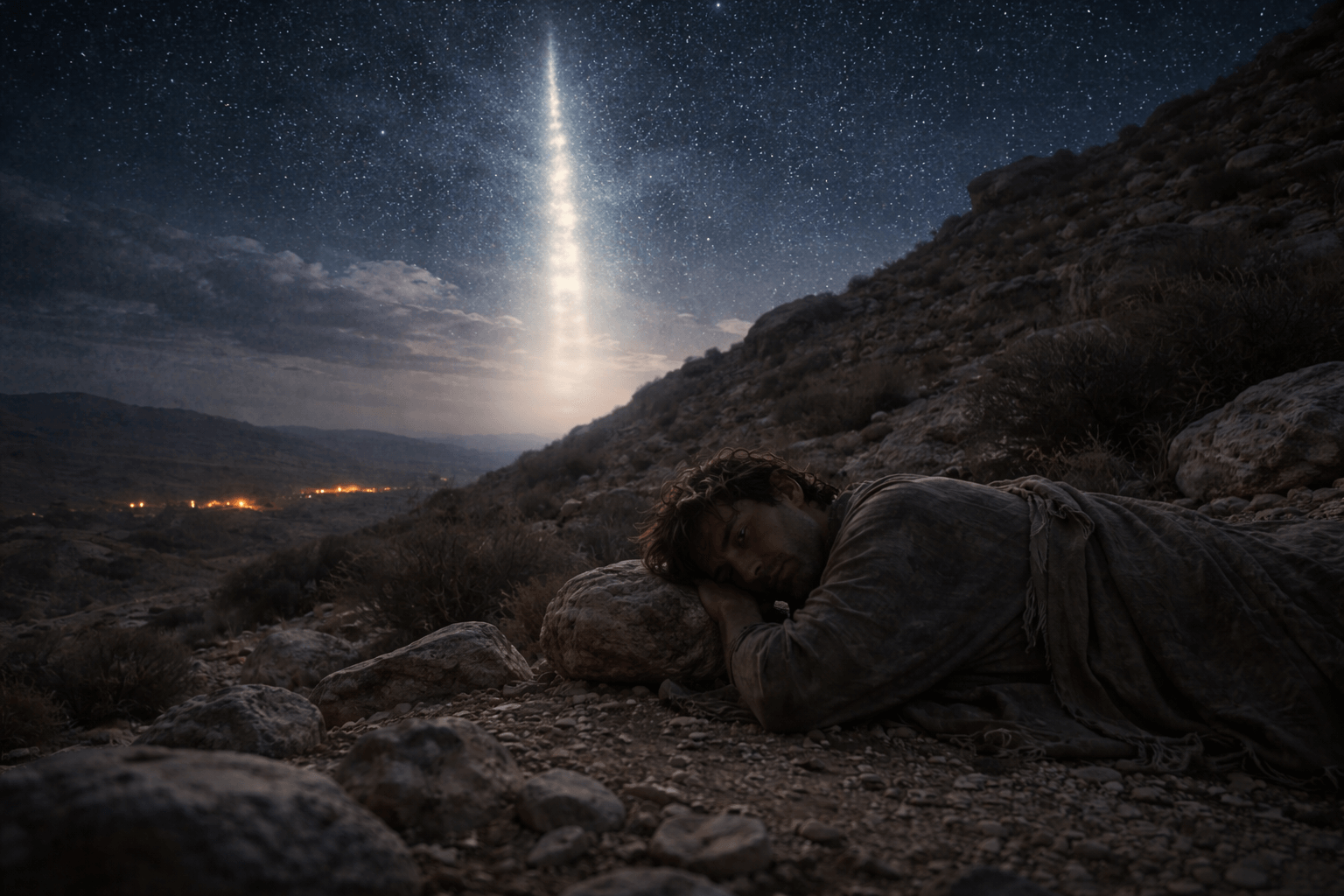 Одинокий путник лежит у камня под головой на пустынном холме над ним в ночном небе мягко светится высокий столб света словно лестница а вдали силуэты путников и огни