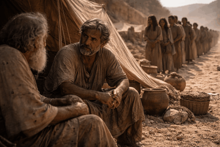 Лагерь в пустыне днём, у шатра сидит уставший лидер и слушает пожилого советника, вокруг стоят люди в очереди с напряженными лицами
