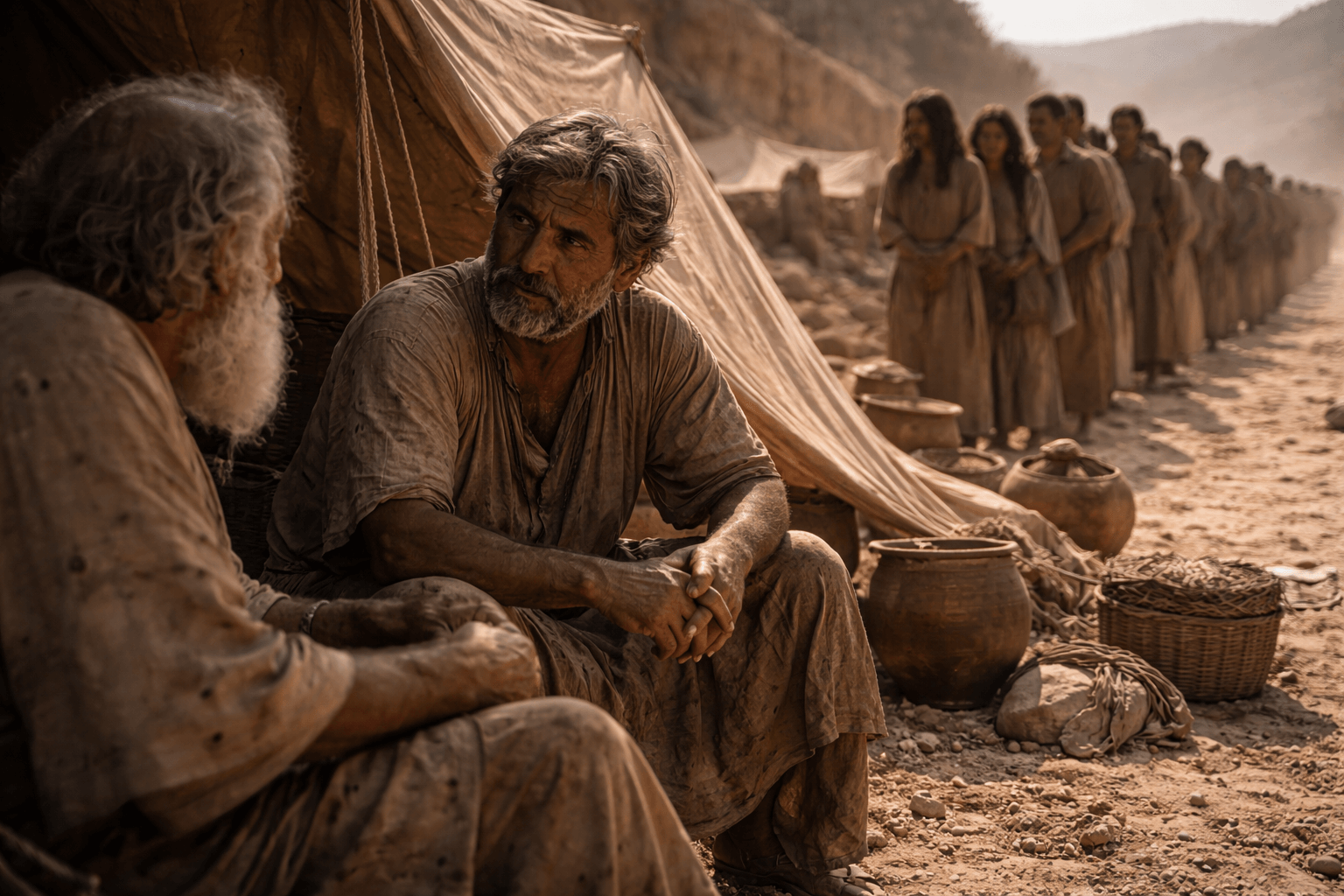 Лагерь в пустыне днём, у шатра сидит уставший лидер и слушает пожилого советника, вокруг стоят люди в очереди с напряженными лицами