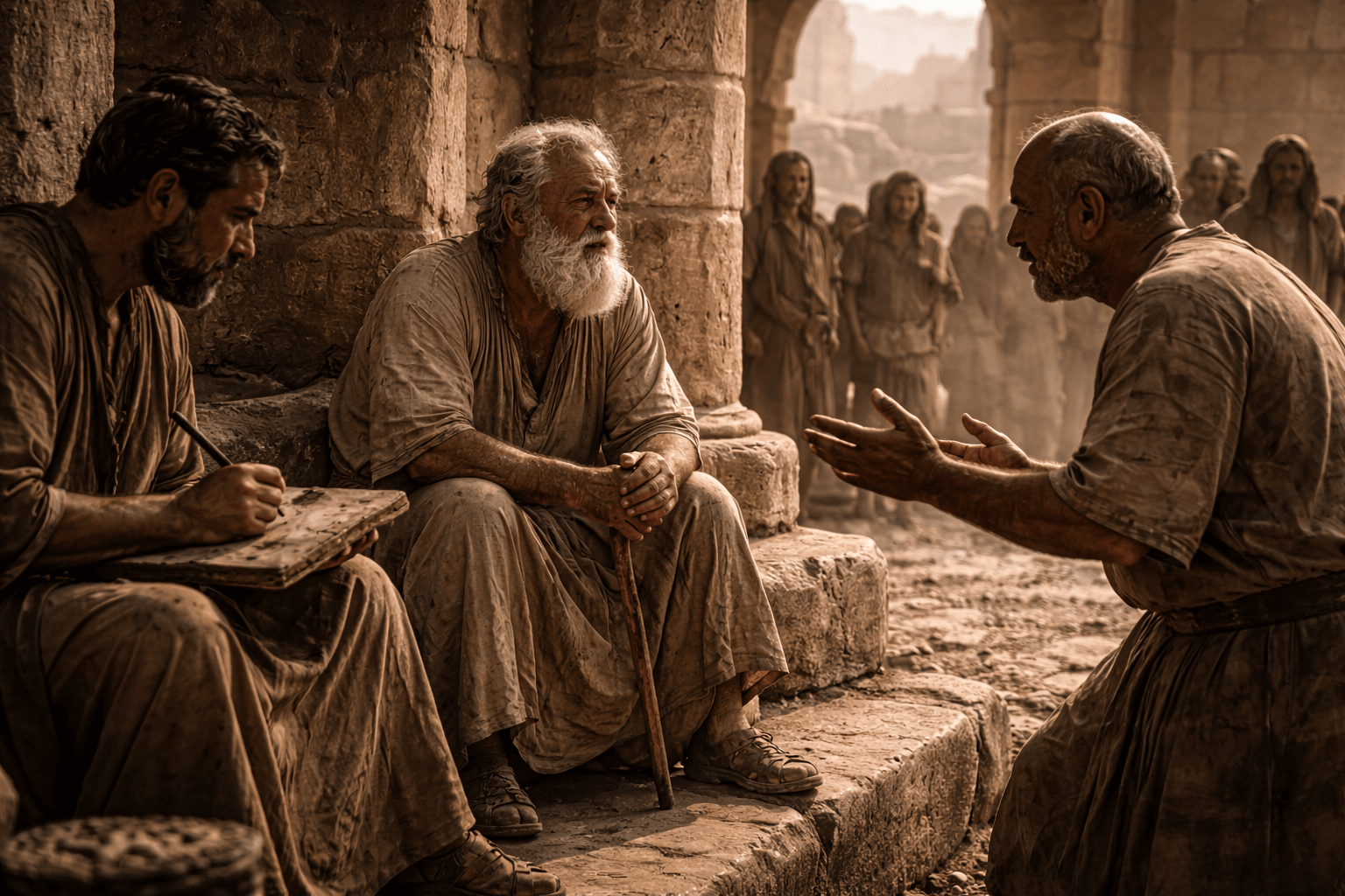 Древний суд у городских ворот, старейшина сидит на каменной скамье, рядом писец с табличкой, двое мужчин спорят жестами, вокруг несколько свидетелей