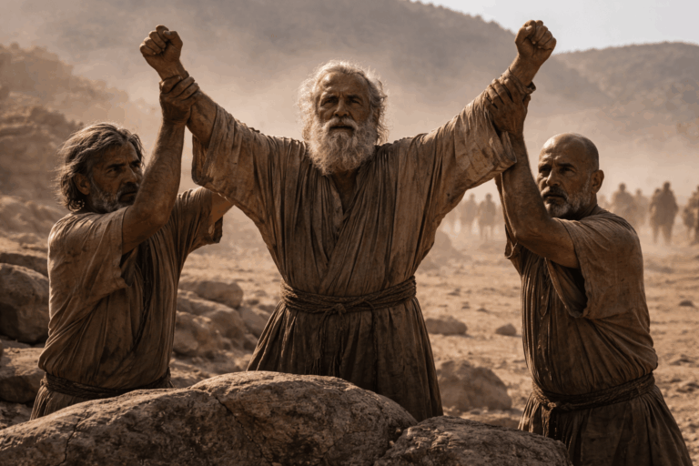 Пустынная стоянка у скалы, пожилой лидер стоит на возвышении с поднятой рукой, рядом двое мужчин поддерживают его локти, вдалеке видны силуэты сражающихся без деталей