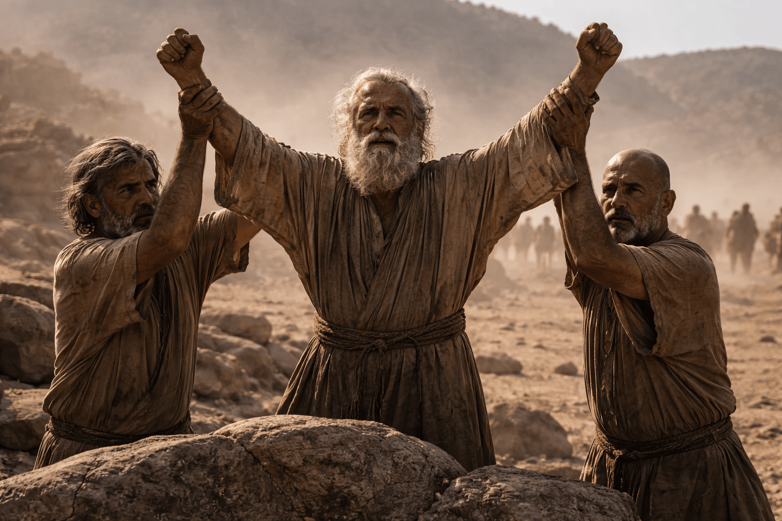 Пустынная стоянка у скалы, пожилой лидер стоит на возвышении с поднятой рукой, рядом двое мужчин поддерживают его локти, вдалеке видны силуэты сражающихся без деталей