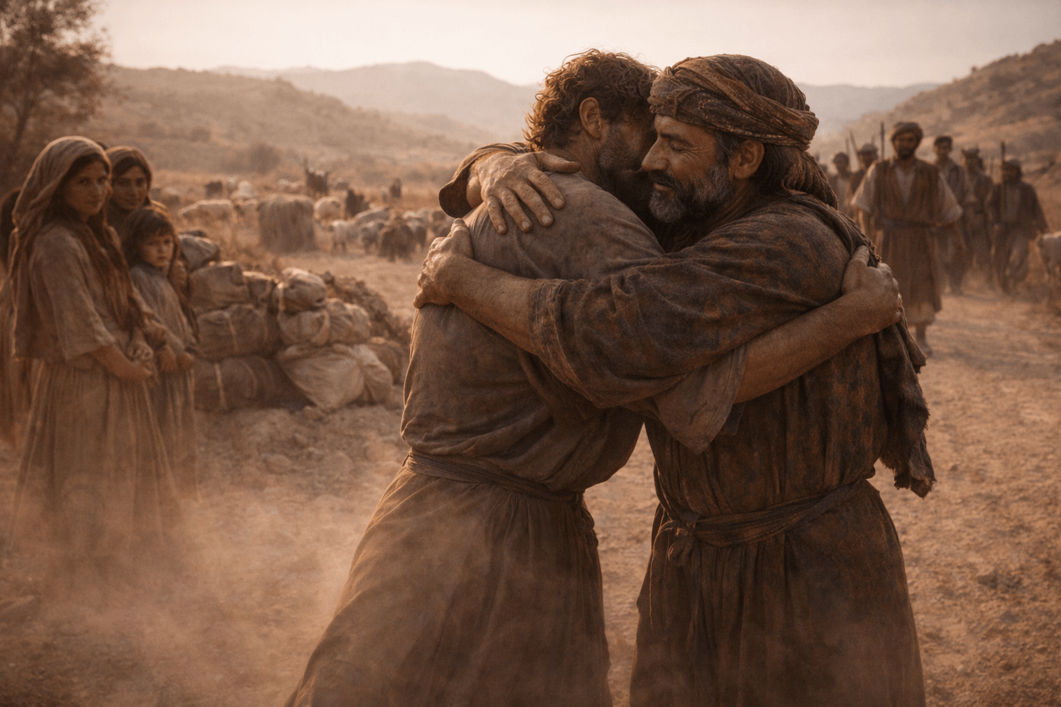 Два взрослых мужчины обнимаются на дороге один в дорожной одежде другой с вооруженной свитой позади а рядом стоят женщины и дети и видны стада и тюки подарков