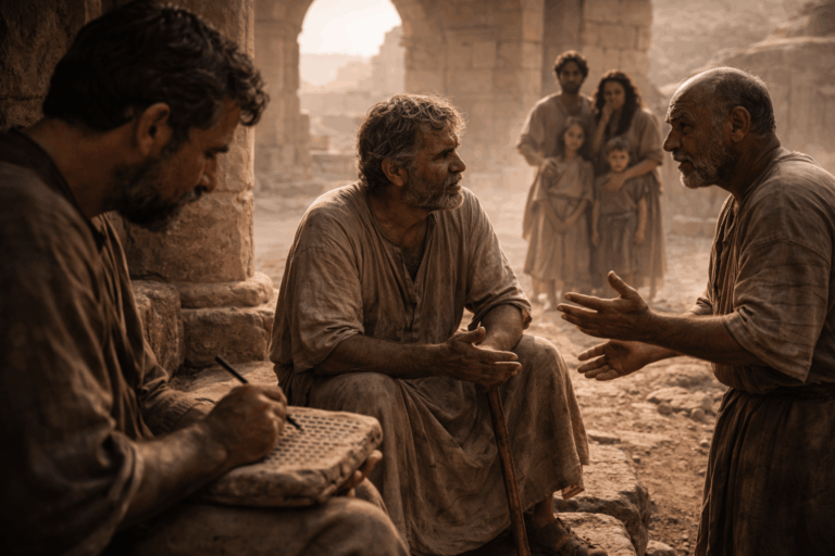 Древние городские ворота, писец записывает спор о пропаже имущества, двое мужчин объясняют жестами, рядом стоит тревожная семья, утренний свет