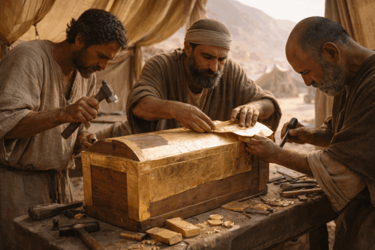 Моисей обсуждает с мастерами чертёж переносного святилища среди золота ткани и деревянных деталей в пустынном лагере