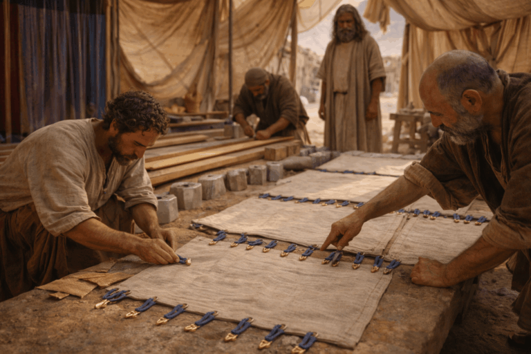 Мастерская в пустынном лагере где мастера раскладывают тканевые панели с петлями и застёжками рядом с деревянными досками и серебряными основаниями