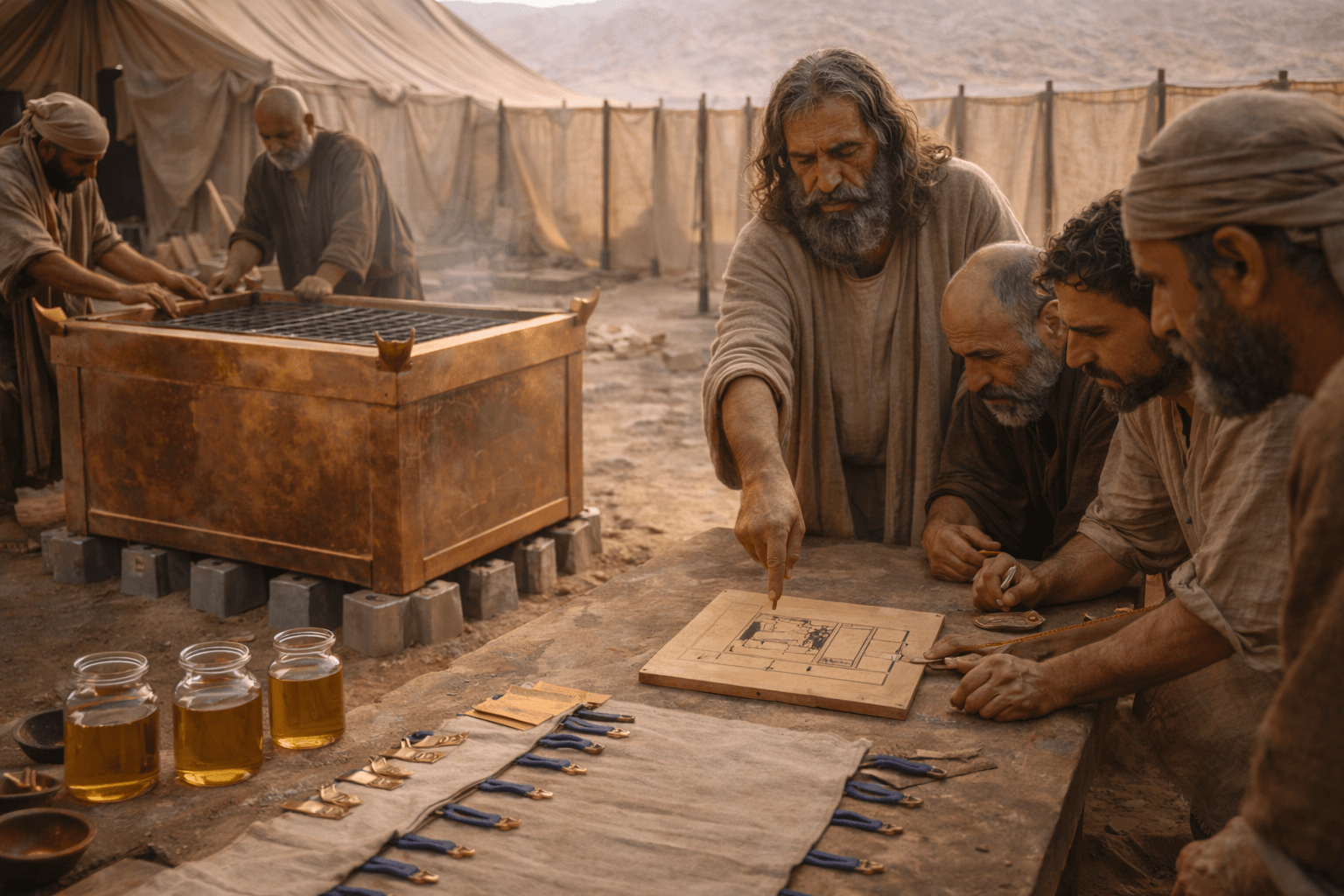 Сборка бронзового жертвенника и установка ограждения двора скинии в пустынном стане