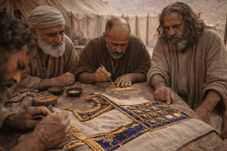 Мастера в пустынном стане изготавливают нагрудник с камнями и золотую пластину для священнического убранства