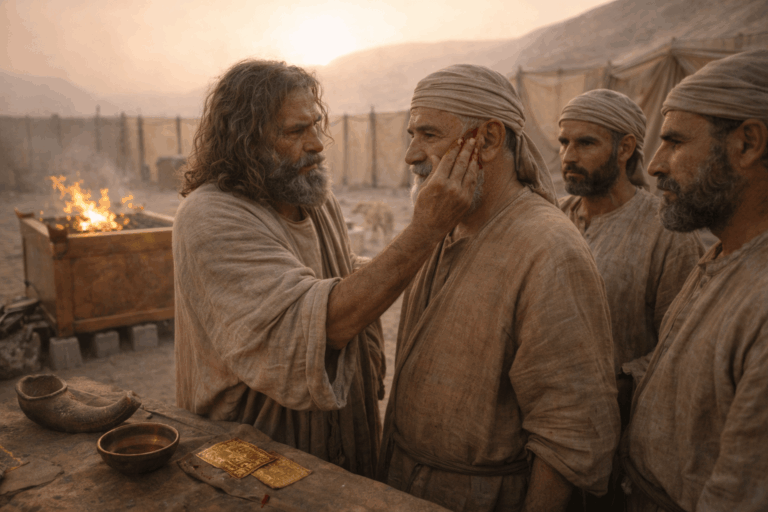 Моисей проводит ритуал посвящения Аарона и его сыновей у жертвенника, с елеем и кровью как элементами протокола